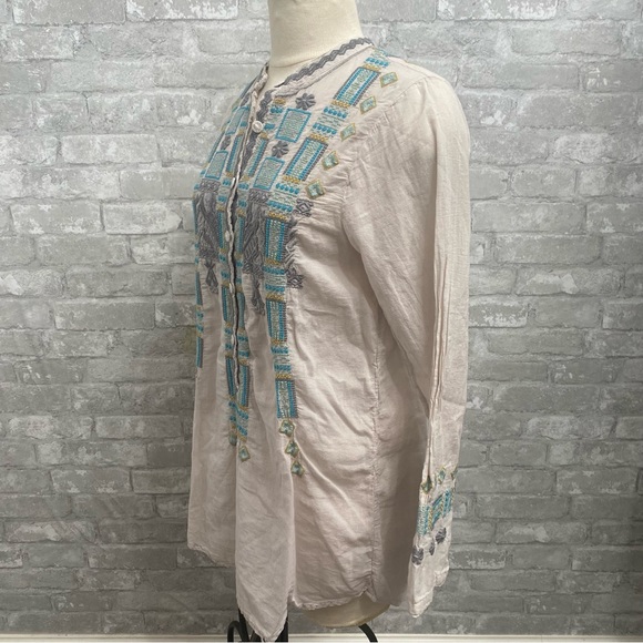 Johnny Was Biya Cream and Blue Mixed Print Long Sleeve Tunic - Picture 9 of 13